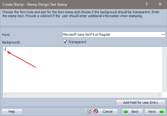 Screenshot of the "Stamp Design Text Stamp" step containing a check mark in the text area.