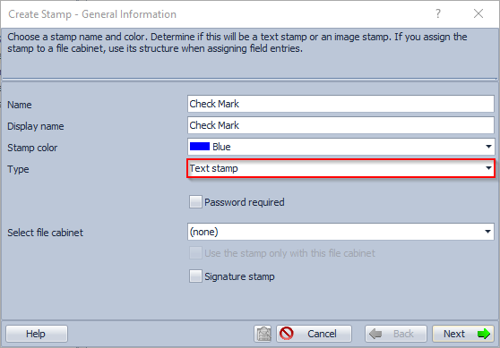 Screenshot of the create stamp dialog with the stamp type "Text stamp" highlighted.
