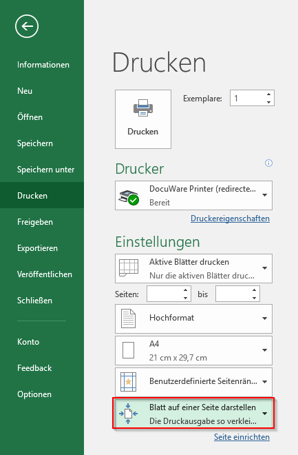 Screenshot, der die Skalierungsoption in Excel darstellt.