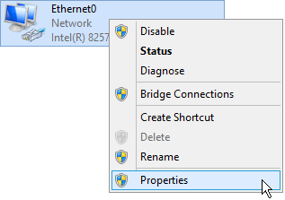 Screenshot of the Network Connections view, showing the "Properties" button when right-clicking a network adapter.